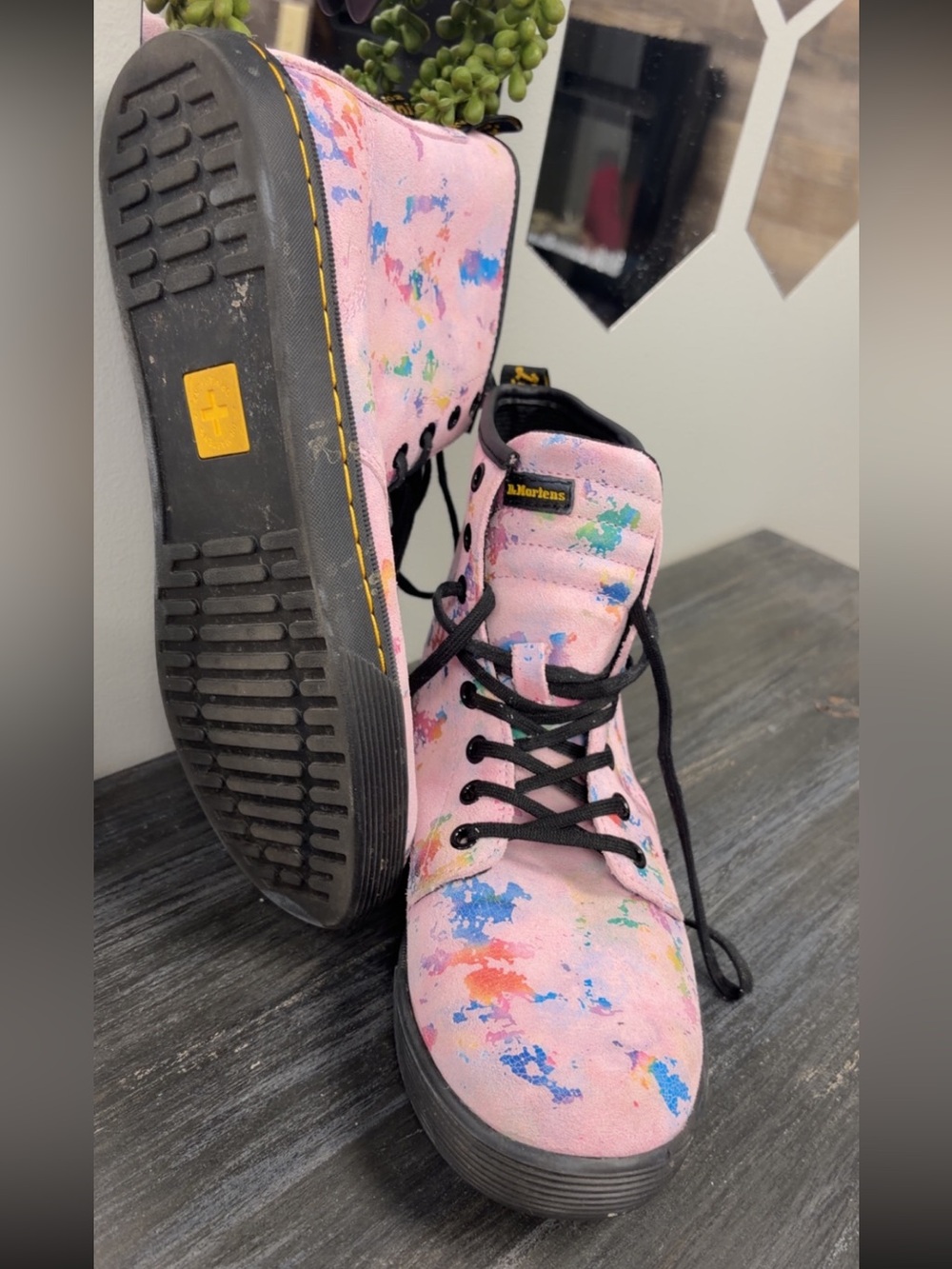 Dr. Martens Pink Paint-Splash Lace-Up Boots - Picture 2 of 6